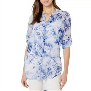 Calvin Klein Top Womens L Blue‎ Tie Dye Blouse Printed Roll-Sleeve Boho Beach